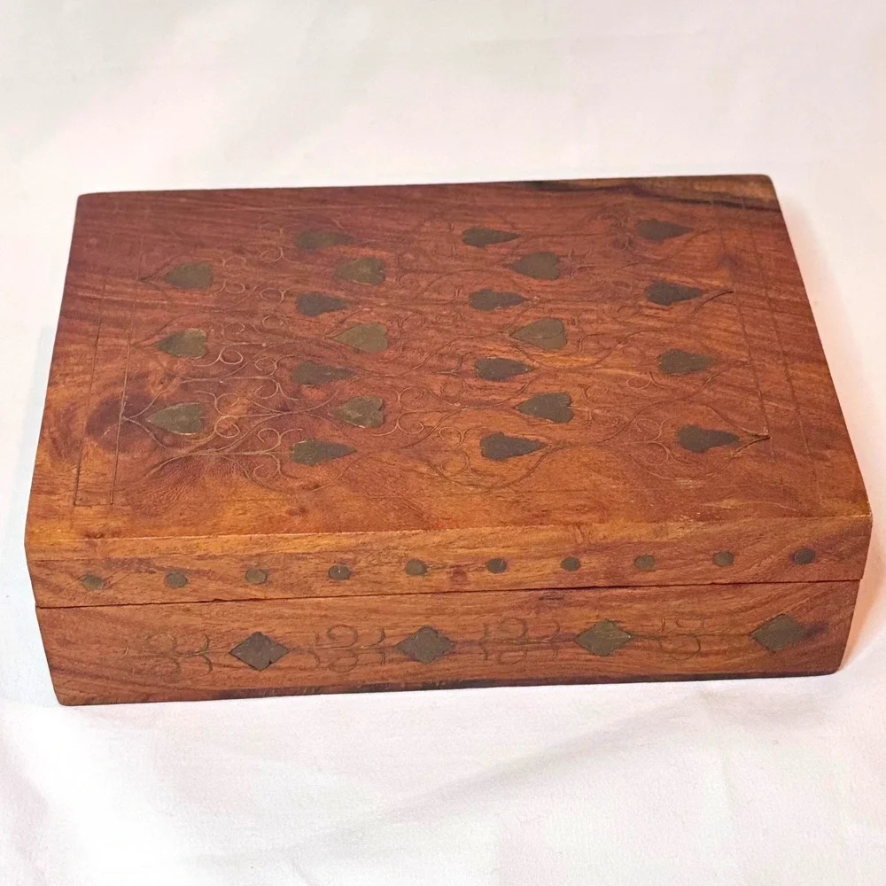 Vintage Wood Brass Inlay Jewelry Box Heart Boho Folk Art 7x5x2